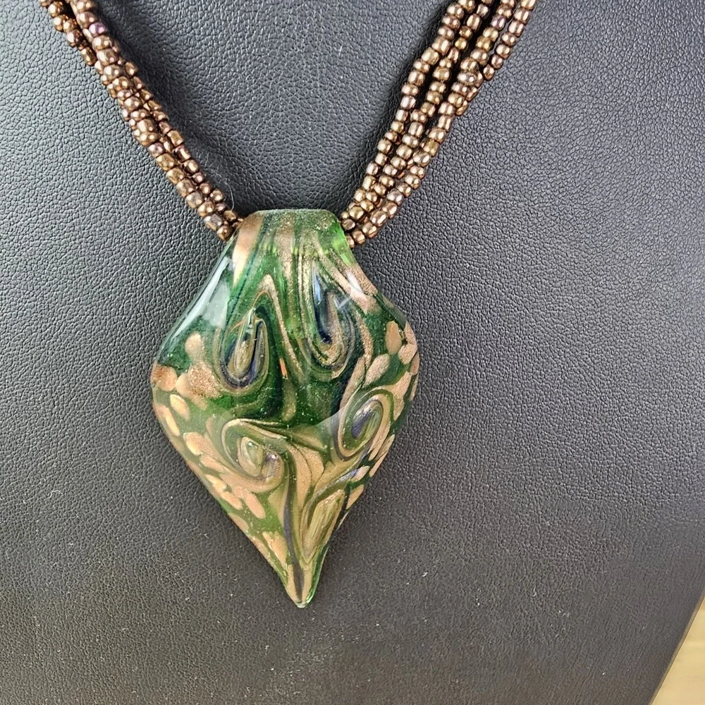 Artisian Glass Leaf Pendant Green Swirl Shimmer Brown‎ Beaded Necklace Bohemian
